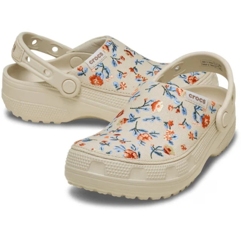 Crocs Classic Crafted Floral Clog Beige Canvas Slip On Comfort Womens Size 8 NEW